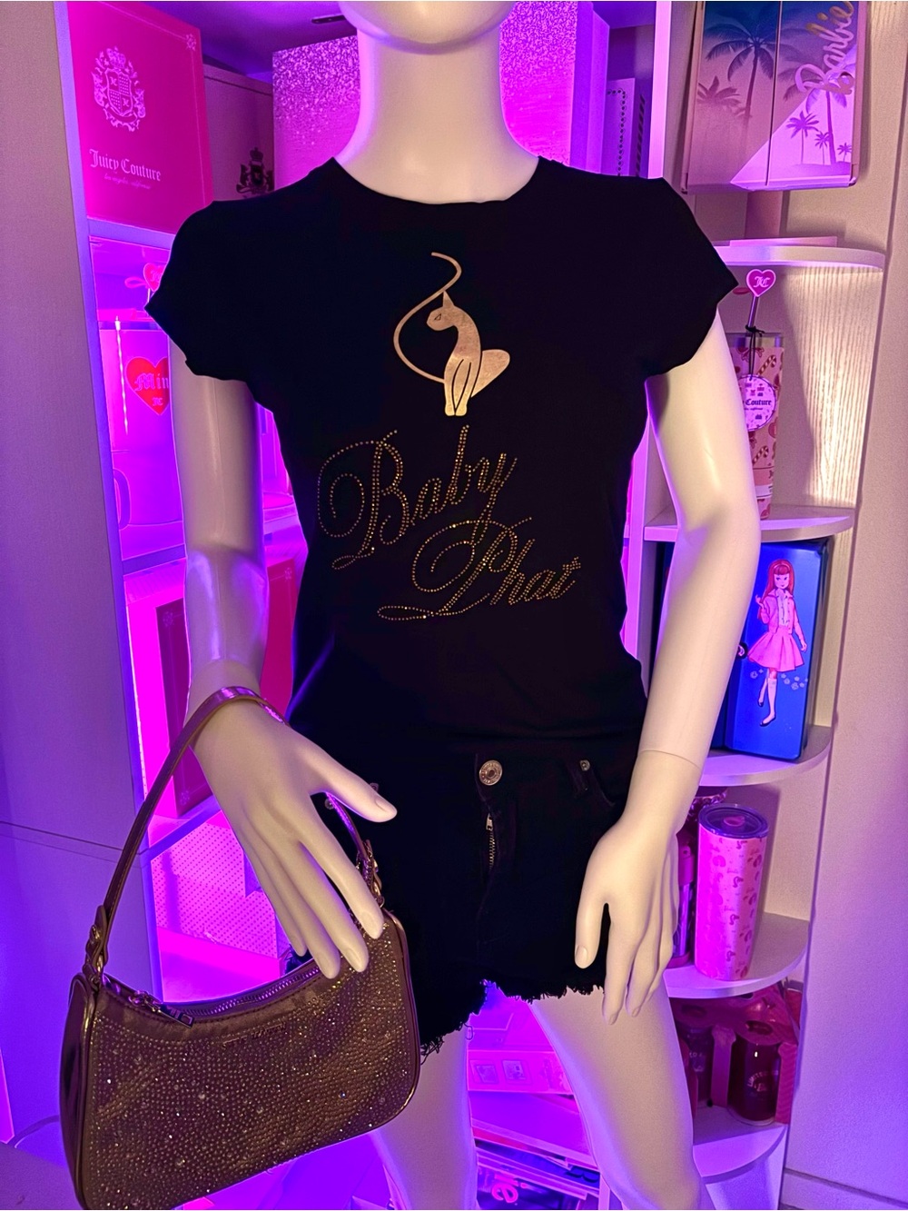 Baby Phat y2k style embellished black Tee with Gold Accents✨🎀 (VIRAL)